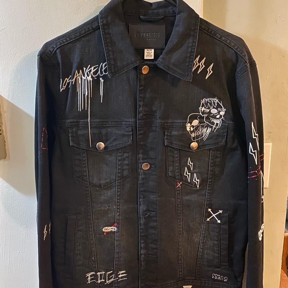 Guess Black Distressed Graffiti Denim Jacket